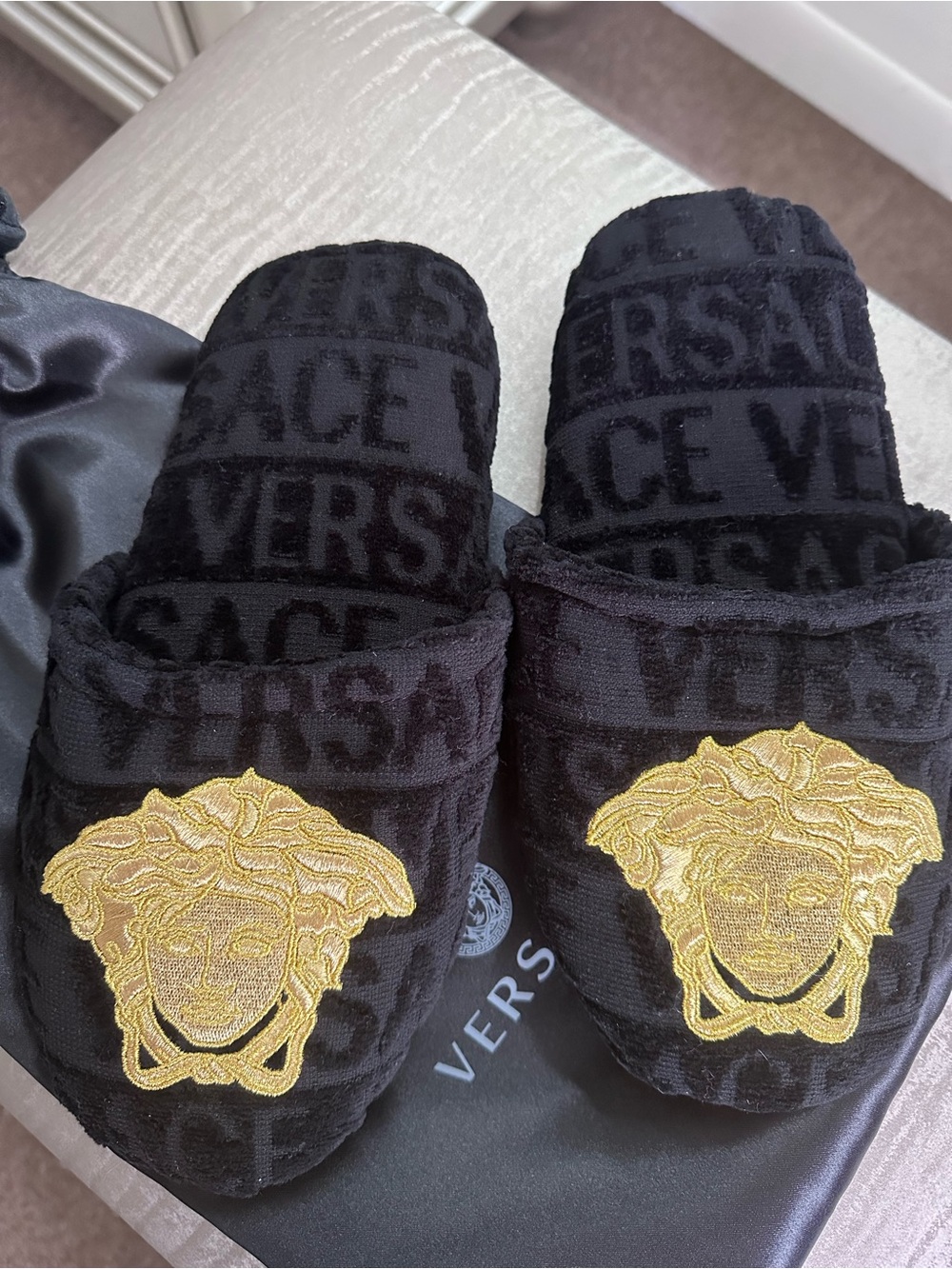 Women’s Versace Embroidered Gold Medusa Black Slippers Brand New